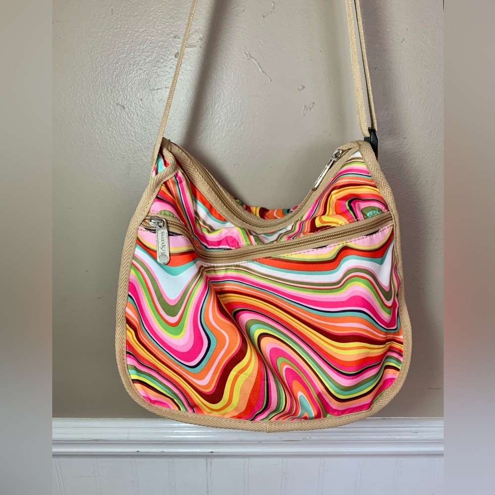 LeSportsac Multicolor Striped Psychedelic Shoulder Bag CrossBody Orange - Picture 3 of 3